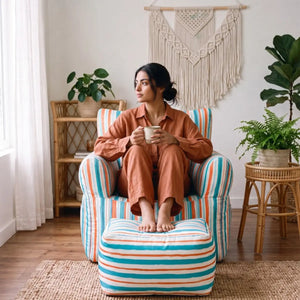 Royal Chair Flare: woman in terracotta linen with a mug - Magalis Egypt